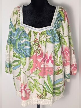 Nicole Miller Sz 1X Linen Blend Tropical Print 3/4 Puff Sleeve Lace Tunic Top